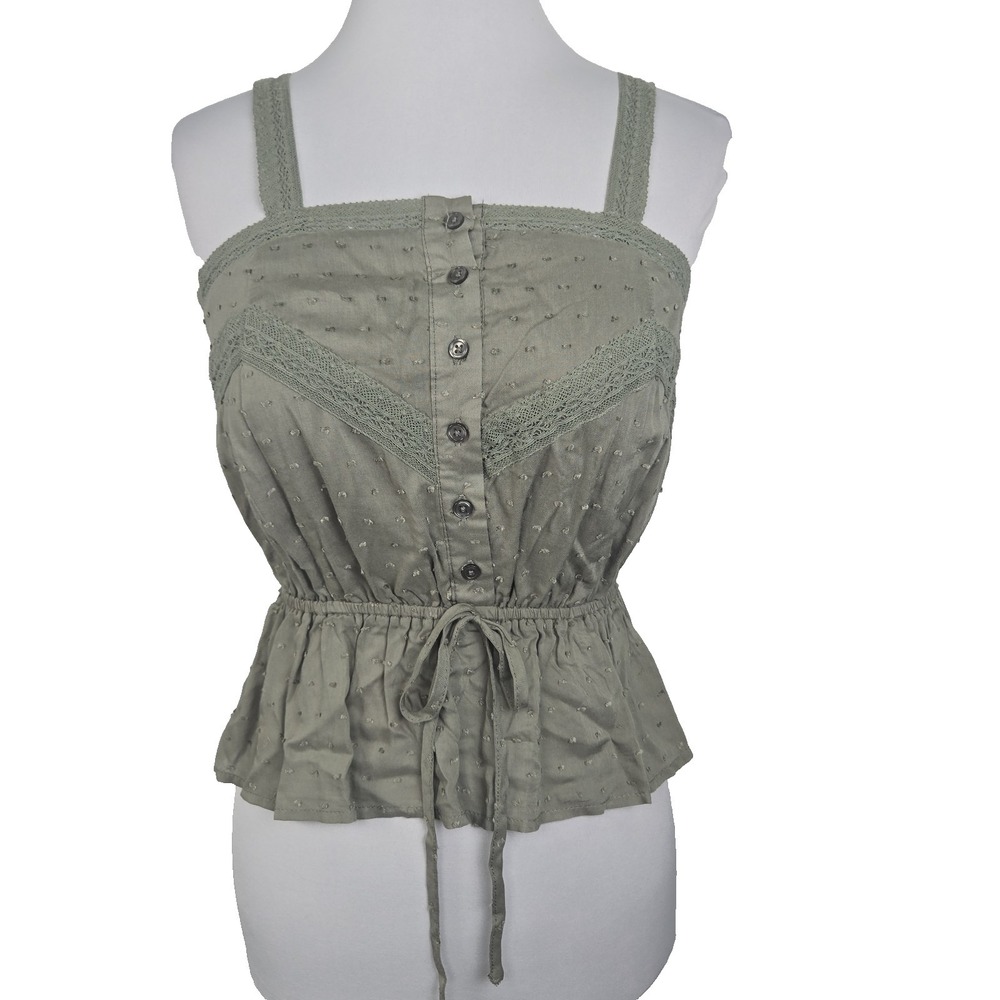 Versona XS Sage Green Button Front Drawstring Lace Detail Crop Top New
